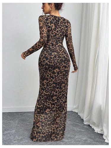 Women's Y2k Leopard Print Fitted Mesh Sheer Bodycon Dress Cheetah Long Sleeve Crew Neck Maxi Dress2