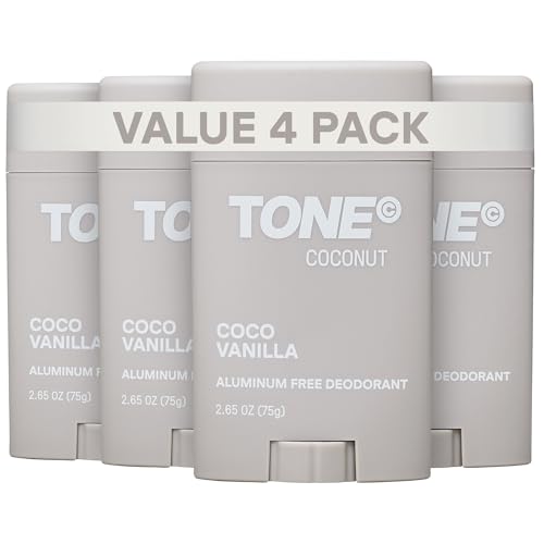 TONE Coconut Vanilla Aluminum Free Deodorant for Men & Women 48-Hour Odor Protection Paraben Free Formula Dermatologist-Tested 2.65 oz (4 Pack)