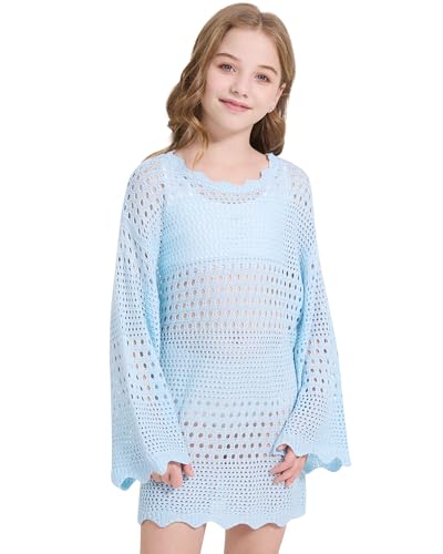 WULFUL Girl's Crochet Long Sleeve Swimwear Cover Up Summer Beach Dress Swimsuit