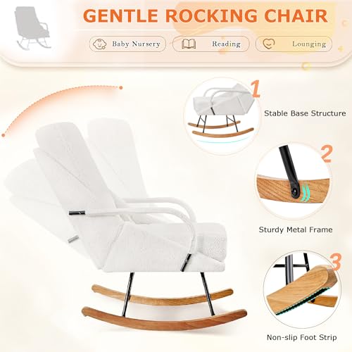 VECELO Rocking Chair Nursery, Larger Size Teddy Fabric Glider Rocker with Padded Cushion, Upholstered Removable High Back, White