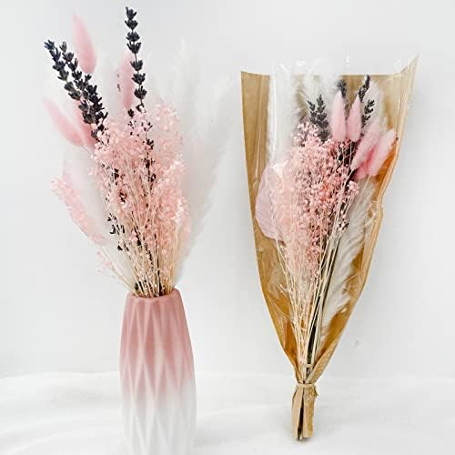 VELAFEE Sweet Dried Flowers Bouquet - Set of 19Pcs (1 Pink Dried Palm Spear, 7 Lavendar, 1 Dream Star Flower, 5 Pink Bunny Tails, 5 White Pampas) - Room Decor, Cake Decorations