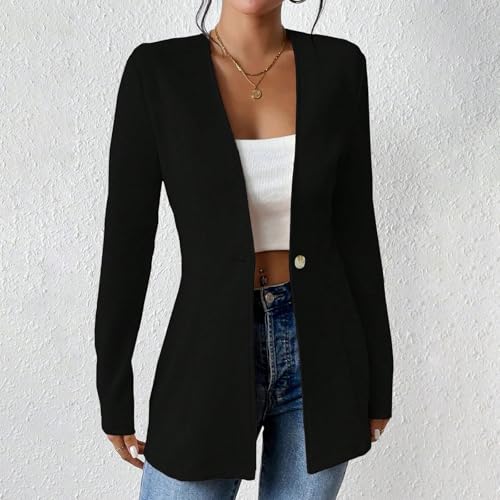 Womens Blazer Business Casual Collarless Long Sleeve Button Front Blazers Slim Work Office Suit Jackets with Pockets2