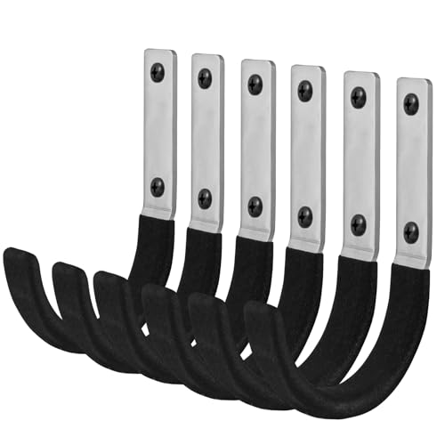 6 Pcs Garage Storage Utility Hook, Upgraded Ladder Hangers, Shed J-Hooks, Heavy Duty Ladder Tool Holders for Garage Wall, Black Wall Hooks for Hanging Tools, Bikes, Hose, Shovels, Rakes