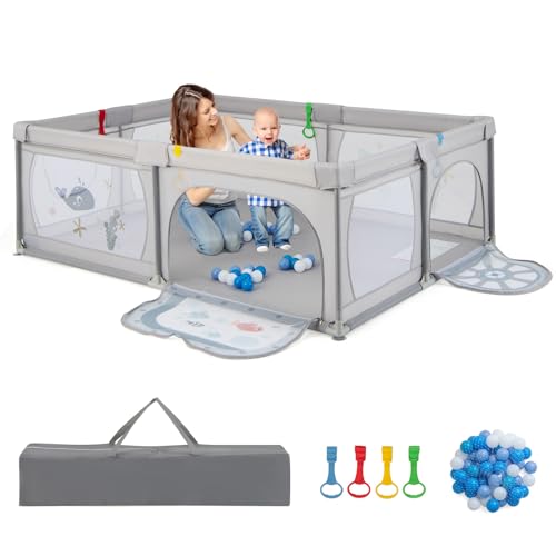 COSTWAY Recinto per Bambini, Box per Bambini con Rete Traspirante, Centro Attività per Neonato con 50 Palline, Box Giochi per Neonato 0-3 Anni (Mondo Sottomarino, 206 x 147 cm)