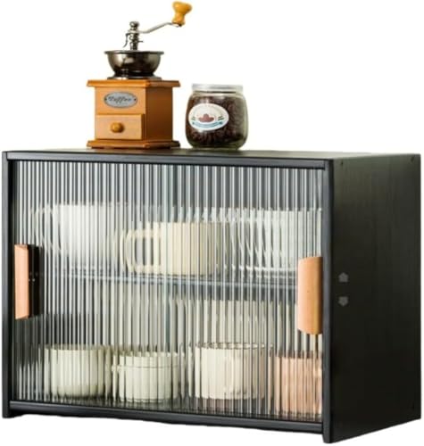 Barino ウォーターカップ収納ボックス ミニ卓上収納食器棚 竹製 キッチンカウンター カップボード 防塵 引き戸 防湿 防虫 大容量 キッチンキャビネット 調味料 お茶碗 小物入れ収納 ひとり暮らし用 簡単組立省スペース (仕切り付き45x28x34c