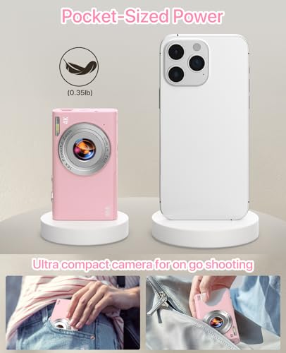 Image of Digital Camera, 4K Vlogging Camera for YouTube Autofocus Cameras for Photography with 16X Digital Zoom, 48MP Compact Point and Shoot Digital Camera for Teens Adult with 32GB SD Card, 2 Batteries-Pink