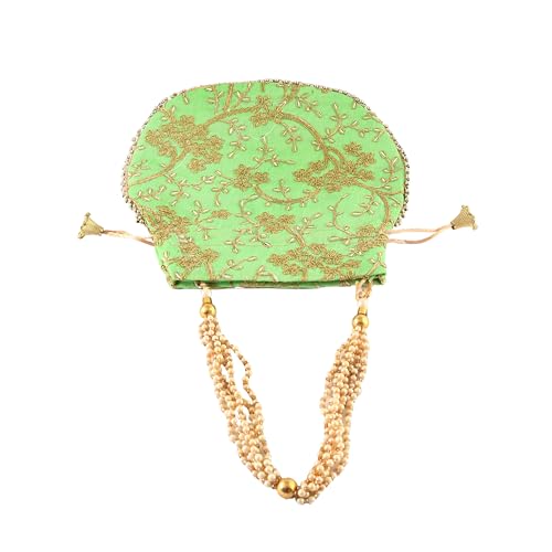 Image of Handcrafted Potli Purse with Golden Floral Embroidery and Pearl Accents