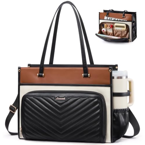 Image of LOVEVOOK Quilted PU Leather Teacher Tote Laptop Bag Work Purse for Women | Large Cup Holder, Professional Waterproof Handbag Briefcase, Gifts for Business Office Nurse Mom College Travel Daily Leiure