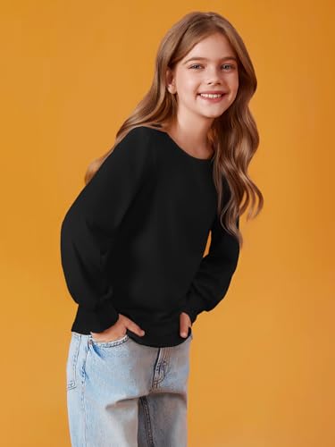 Image of Haloumoning Girls Puff Long Sleeve Shirts Fall Tops 5-14Y | Casual,Solid Color,Crewneck, Soft, Tunic Tops Blouse,Kids Long Sleeve T Shirt,,Fashion Clothes
