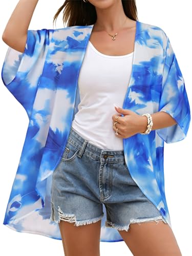 Image of Women's Floral Print Puff Sleeve Kimono Cardigan Loose Cover Up Casual Blouse Tops 2026
