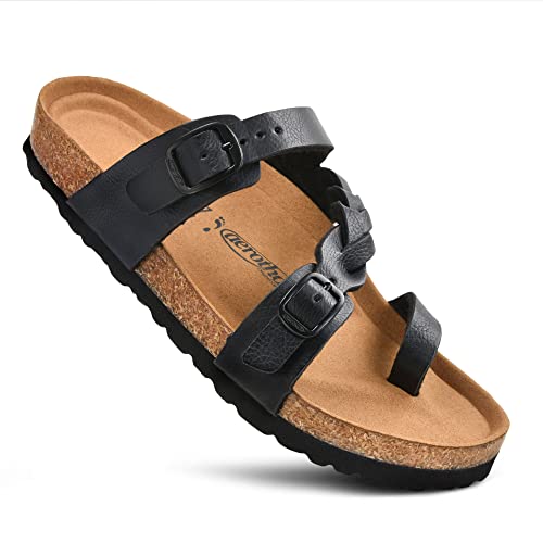 AEROTHOTIC Comfy Memory Foam Cork Sandals for Women Cute Dressy Adjustable Strappy Split Toe Slip On Vacation Essentials Women Footwear Open Toe Arch Support Slides