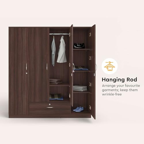 Image of Interio by Godrej Wardrobe EWA 4-Door Engineered Wood Wardrobe for Clothes (Brown), 1-Year Warranty, 8 Shelves, 1 Drawer