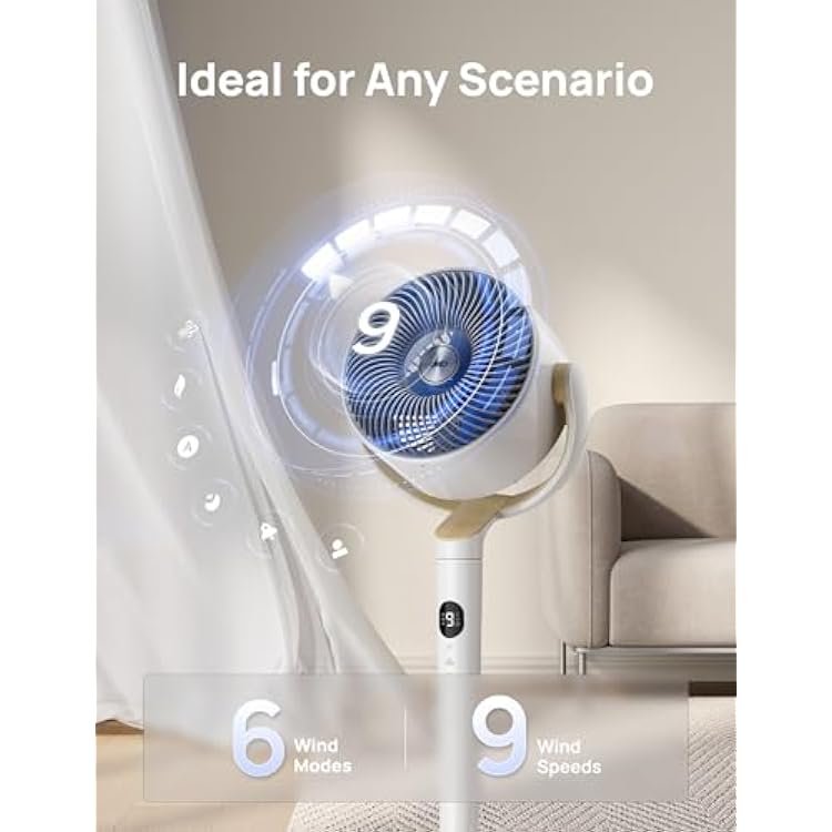 DREO Smart Fan for Bedroom, 120 +120 Omni-Directional Oscillating Fans, 100ft Quiet Pedestal Fan with RGB Light, 9 Speeds, 6 Modes, 20dB, 8H Timer, Wi-Fi/Voice/Alexa, 35-40 Floor Fans with Remote