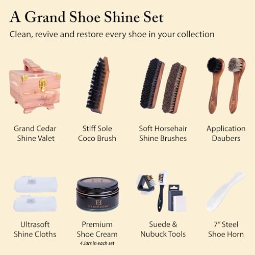 FootFitter Leather Shoe Shine & Suede Cleaning Set with Grand Cedar Valet Box, Polish Creams, Shine Brushes & Shoe Care Tools (Brown Creams)