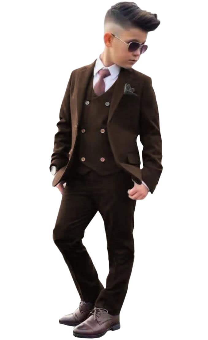 Formal Boy's Suit 3 PC Peak Lapel Flower Boys Tuxedos Blazer Vest Pants for Kids Dresswear Suit Brown 10T