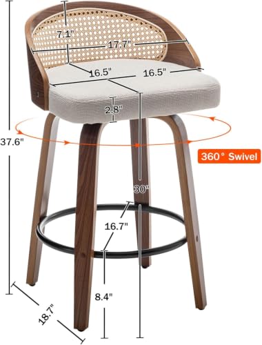Image of Swivel Rattan Bar Stools with Back Beige Linen Fabric Bar Height Stools 3PC