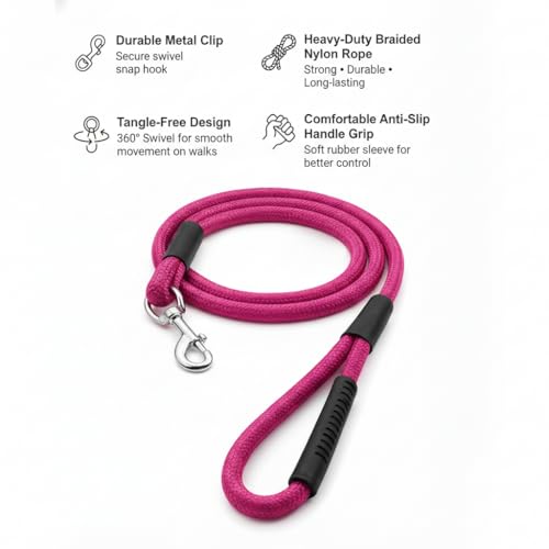 Image of Dog Leash for Large Dogs & Medium Dogs 5 Feet - Heavy Duty Nylon Rope 15mm Thick Leash with Anti Slip Rubber Handle - Tangle Free & Swivel Metal Clip (Pink)