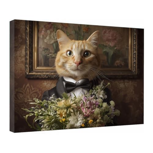 Toile moderne chat et fleurs peinture salon pour créer un espace bien-être marron 40x60