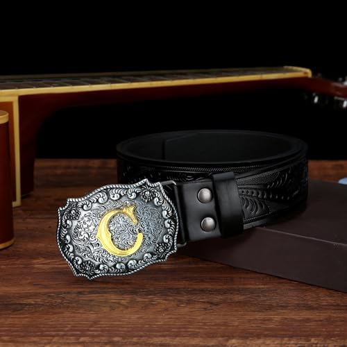 Image of Mens Western Cowboy Cowgirl Faux Leather Belt Longhorn Bull Pattern Letter Big Buckle Embossed Floral Belts