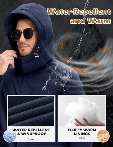 Image of Men's Winter Long Puffer Jackets, Water-Repellent Down Parka Warm Coats Outerwear with Detachable Hood & Carry Straps