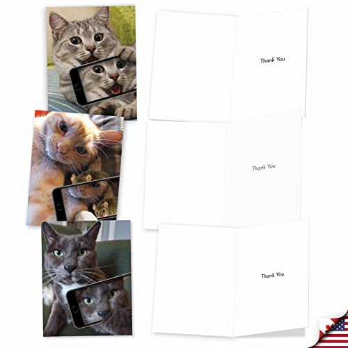 Image of The Best Card Company 10 Assorted Thank You Notecards Bulk Box Set 4 x 5.12 Inch with Envelopes (10 Designs, 1 Each) Cats Selfie M4953TYG-B1x10