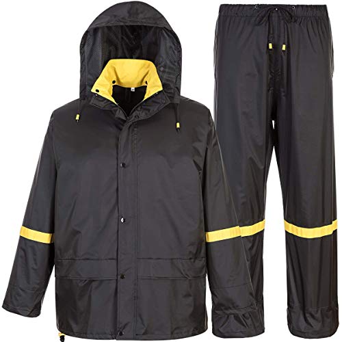 Classic Rain Suits for Men Breathable Rain Gear for Waterproof work, Hooded Coats Jacket and Pants (Black & Yellow, L)