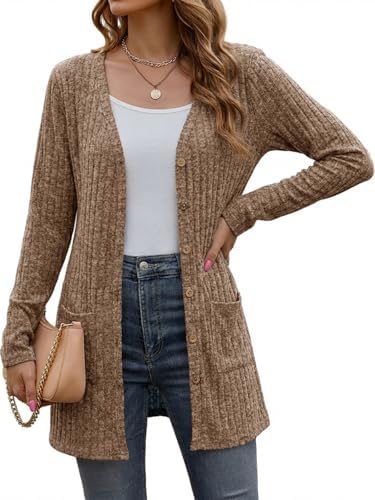 Cicy Bell Damen Lang Button Down Cardigan Elegant Langarm Strikjacke mit Tasche Open Front Sweaters
