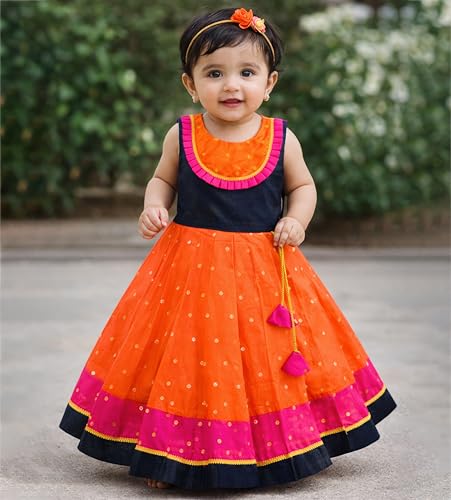 Image of Girls Designer Lehenga Choli Set Orange Rani Pink Readymade Pattu Pavadai Style Traditional Ethnic Dress for Baby Girls Kids Festive Wedding 3Months-8 Years