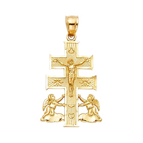 TGDJ 14K Yellow Gold Religious Cross of Caravaca Pendant - Crucifix Charm Polish Finish - Handmade Spiritual Symbol - Fine Jewelry - Unisex - 27 x 19 mm, 2.1 gms