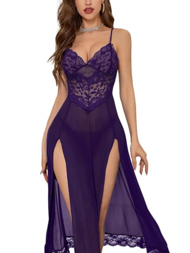 Image of Foxiny Sexy Split Mesh Lace Floral Sheer Babydoll Lingerie Outfit Dress 2 Piece with Thong Set