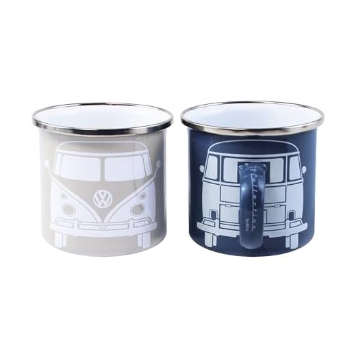 BRISA VW Collection - Volkswagen Furgoneta Hippie Bus T1 Van Set de 2 Tazas de Café Esmaltadas en Caja de regalo, Copas de Té, Decoración de la Mesa/Outdoor/Camping/Souvenir (Azul/Gris)