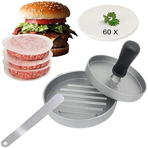 Hamburger Press Aluminum Burger Press, Non-Stick Hamburger Patty Maker, Perfect Hamburger Mold Ideal with 60 Free Patty Papers and Paddle Stainless Steel Cover