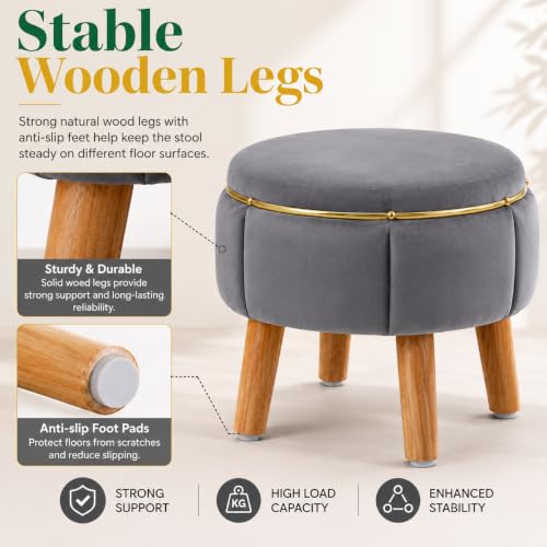 Image of Velvet Upholstered Round Ottoman Footstool | Anti-Slip Feet | Multipurpose Footrest, Step Stool & Vanity Seating & Decor | 40 x 30 cm (16 x 12 Inch) | Grey