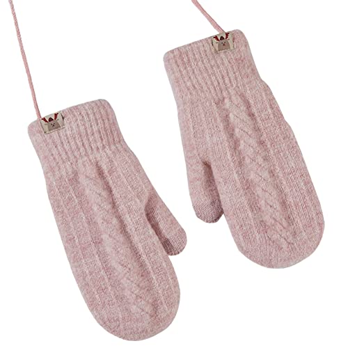 Dicke Winterhandschuhe für Damen, gestrickt, Wolle, Plüsch, volle Fingerhandschuhe, Neckholder, Rosa, Einheitsgröße Cover