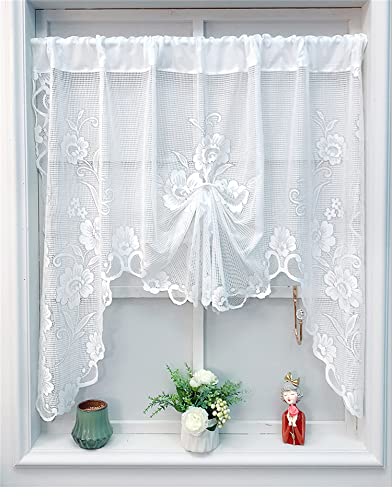 Estor de encaje blanco, cortina de cocina, estilo rústico, cortina de bistró con bordado, vintage, ventana corta, universal, salón, dormitorio, blanco, 1 pieza, cortina vintage (100 x 180 cm)