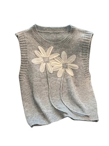 Verdusa Women's 3D Floral Sweater Vest Sleeveless Crew Neck Lightweight Knitted Tank Top