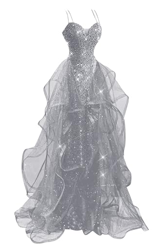 WilFiks Sparkly Sequin Tiered Prom Dresses Long Spaghetti Straps V Neck Ruffled Tulle Silver Formal...