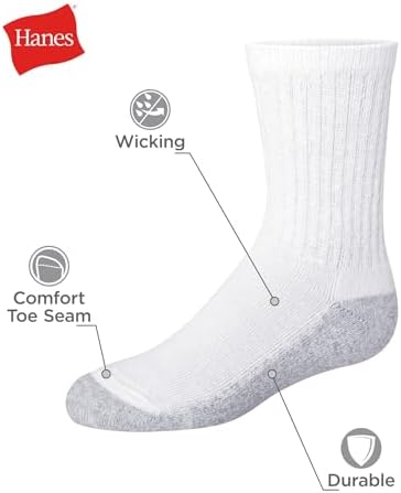 Hanes Boys Socks, Double Tough Cushioned Crew 12-pair Packs Athletic-socks, White/Grey Bottom, Large US - 2