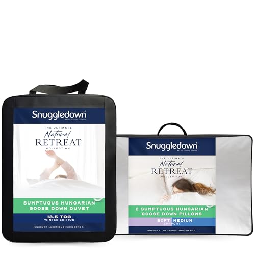 Image of Snuggledown Hungarian Goose Down Single Duvet - 13.5 Tog Warm Winter Premium Quilt Ideal for Cold & Chilly Nights, 2 Soft Pillows - Jacquard Cotton Cover, Machine Washable, Size (135cm x 200cm)