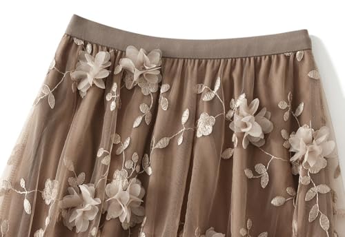 Womens Midi Tulle Skirt Embroidery Floral Layered Skirts Elastic High Waist Tutu Skirt Mesh A Line Fairy Skirts 20252