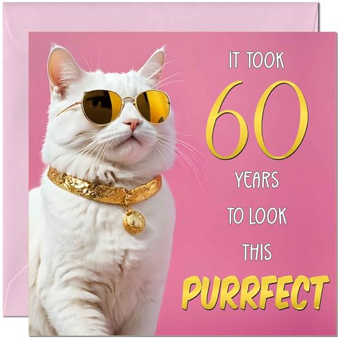 60th Cat Birthday Card for Women - Purrfect Birthday - Funny Cat Birthday Card for 60 Year old woman Ladies Sixty Sixtieth Nan Grandma Mum Aunt Sister Mum Friend Kitty Kitten