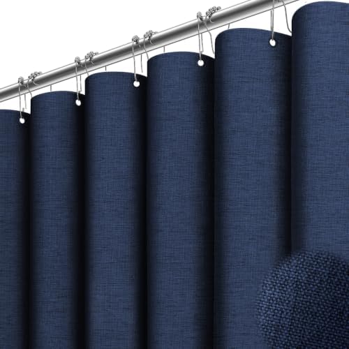 BTTN Navy Blue Linen Textured Waterproof Fabric Shower Curtain Se...