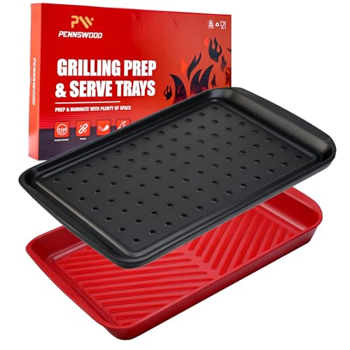 Pennswood Grill Prep Trays Set of 2, Grill Tray for BBQ Meat Prep, Marinating & Serving, Large Melamine Grilling Prep and Serve Trays with Deep Raised Edges, Outdoor Grill Serving Tray, BPA Free