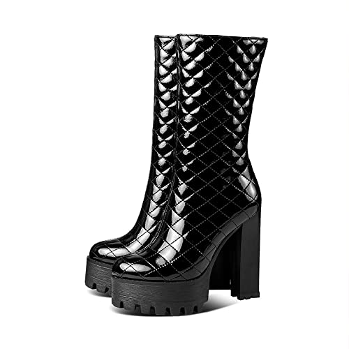 Ltlwsh Boots For Women,Autumn And Winter Mid-Calf Boots Chunky High Heel Platform Patent Leather Womens Boots,Black,7 #TOP1