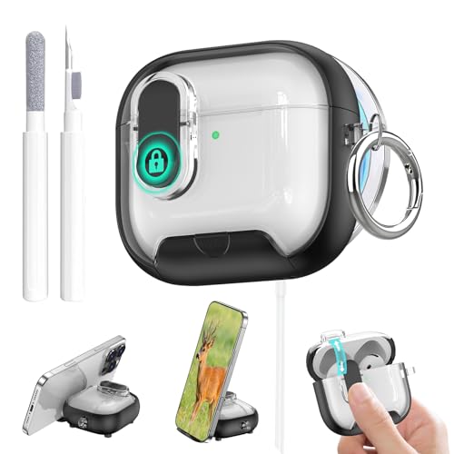 Image of Aircawin for Airpods 4 Case Clear,Secure Lock for Airpods 4th Generation Case Cover with Phone Stand and Magsafe Function,Auto Pop-up,Hybrid Protection Design with Carabiner&Cleaning Pen-Black