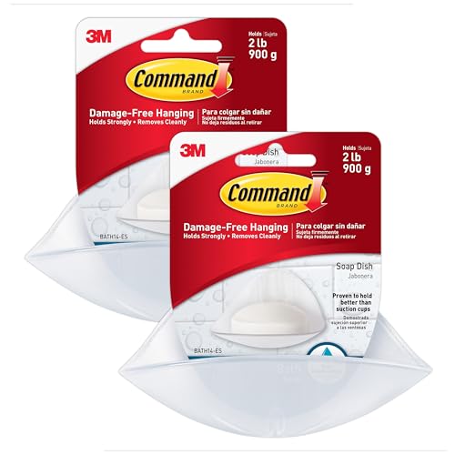Command Soap Dish 2-Pack of 1 Soap Holder 2 Mounting Bases and 2 Medium Water Resistant Strips 3.18 x 4.4 x 4.94 Damage Free Bathroom Organization Holds up to 2 lb