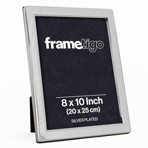 Frametigo - Silver Plated Flat Edge Photo Frame, 8x10 (20x25cm) Photo Size - Velvet Frame Backing & Stand - Real Glass Window - Tarnish-Resistant - Landscape or Portrait Orientation