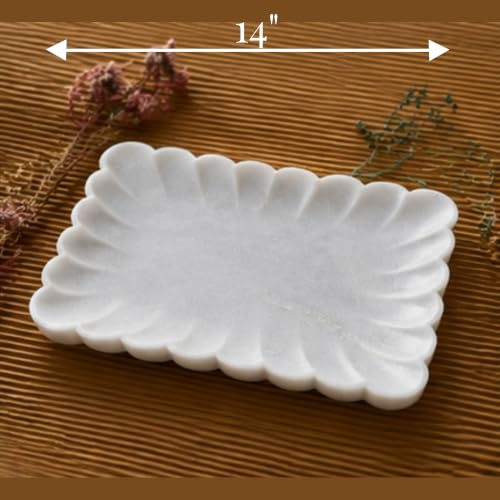 Image of Marble Urli Bowl for Decoration | Big Potpourri Decorative Bowls in Home decor | Large White Floating Flower Plates of Stone | Small Shape puja Item | (14 inch, Scalloped)