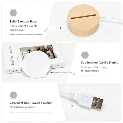 Sublimation Acrylic Blank with Wooden Light Stand, Custom Photo Lamp with 3-Color Adjustable Dimmable Light, Home Decor Personalized Gift (Blank-Round) - Image 3