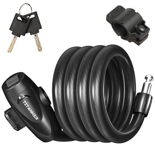 Titanker Bike Lock, Bike Lock Cable 4 Feet Coiled Secure Bicycle Locks with Keys Scooter Locks Bicycle Locker 1/2 Inch Thick Heavy Duty Anti Theft Bike Cable Lock with Mounting Bracket